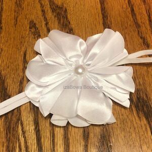 White Satin Flower w/ Pearl Center Headband  SPHB1  Handmade NWT Boutique